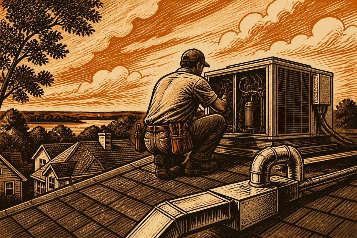 HVAC Business Website in Conroe, TX: retro comicbook hvac contractor marketing illustration