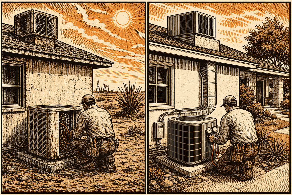 HVAC Business Website in Midland, TX: retro comicbook hvac contractor marketing illustration