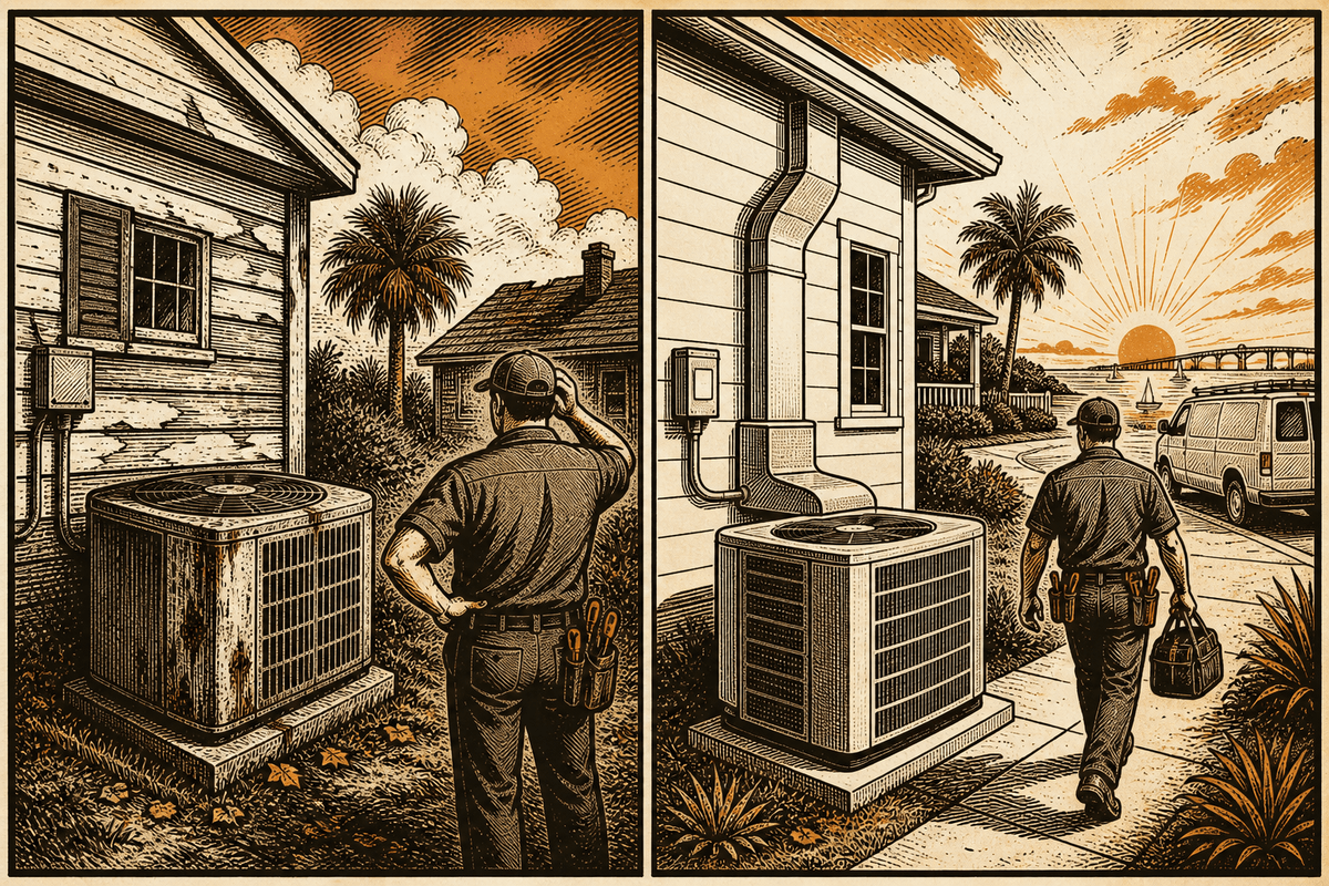 How HVAC Businesses in Pensacola, FL Get More Leads: retro comicbook hvac contractor marketing illustration