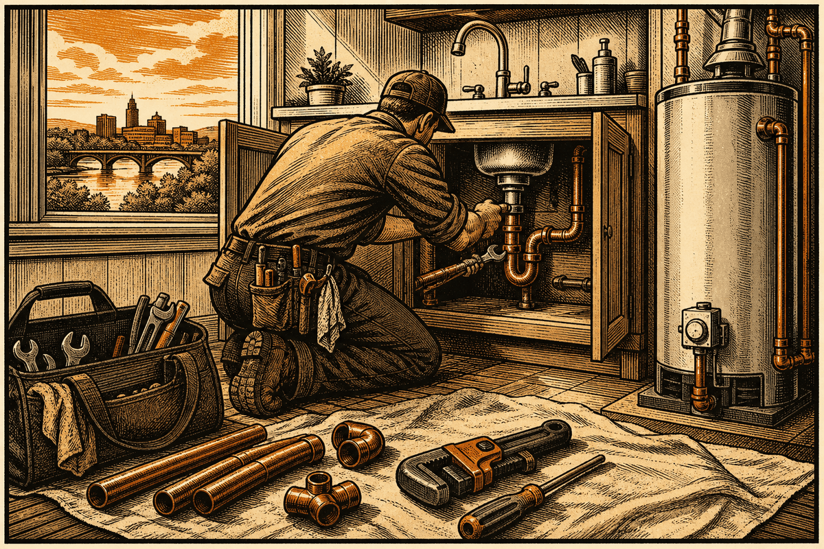 Plumbing Business Website in Evansville, IN: retro comicbook plumbing contractor marketing illustration