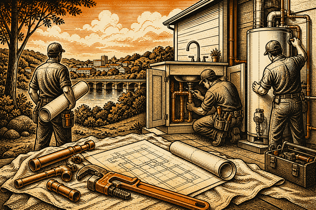 Plumbing Business Website in Hickory, NC: retro comicbook plumbing contractor marketing illustration
