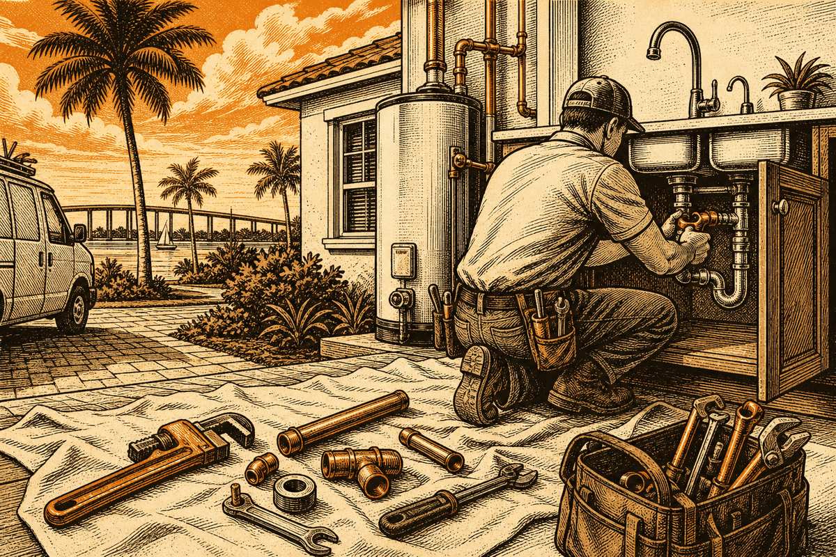 Plumbing Business Website in Melbourne, FL: retro comicbook plumbing contractor marketing illustration