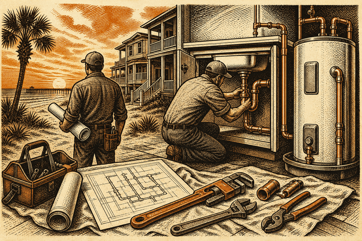 Plumbing Business Website in Panama City Beach, FL: retro comicbook plumbing contractor marketing illustration