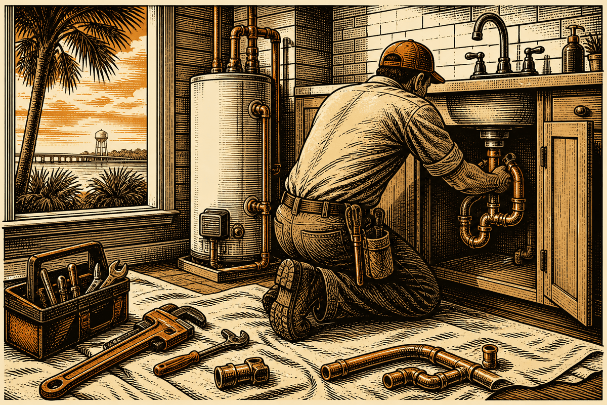 Plumbing Business Website in Pensacola, FL: retro comicbook plumbing contractor marketing illustration