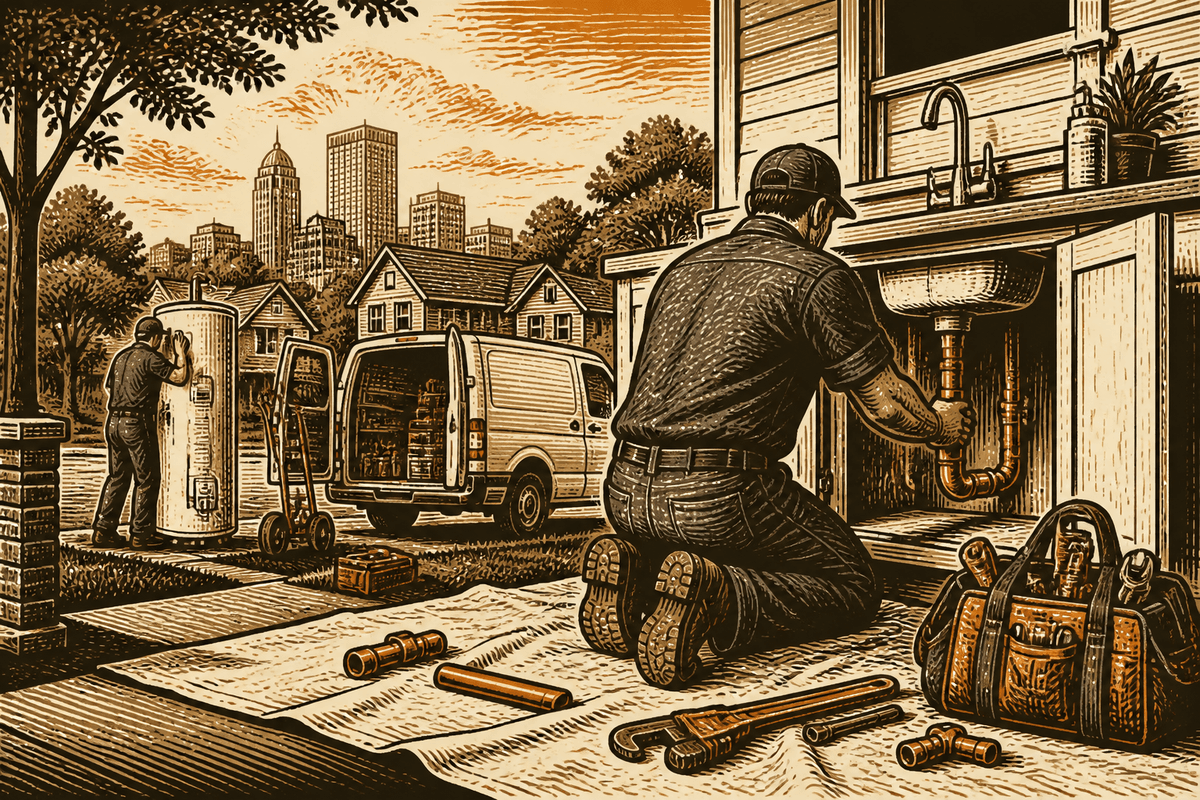 Plumbing Business Website in Winston-Salem, NC: retro comicbook plumbing contractor marketing illustration