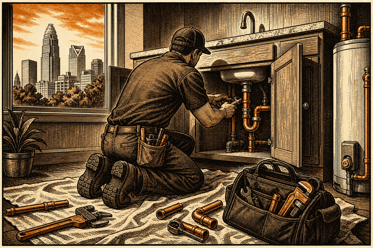 Digital Marketing for Plumbing Contractors in Charlotte, NC: retro comicbook plumbing contractor marketing illustration