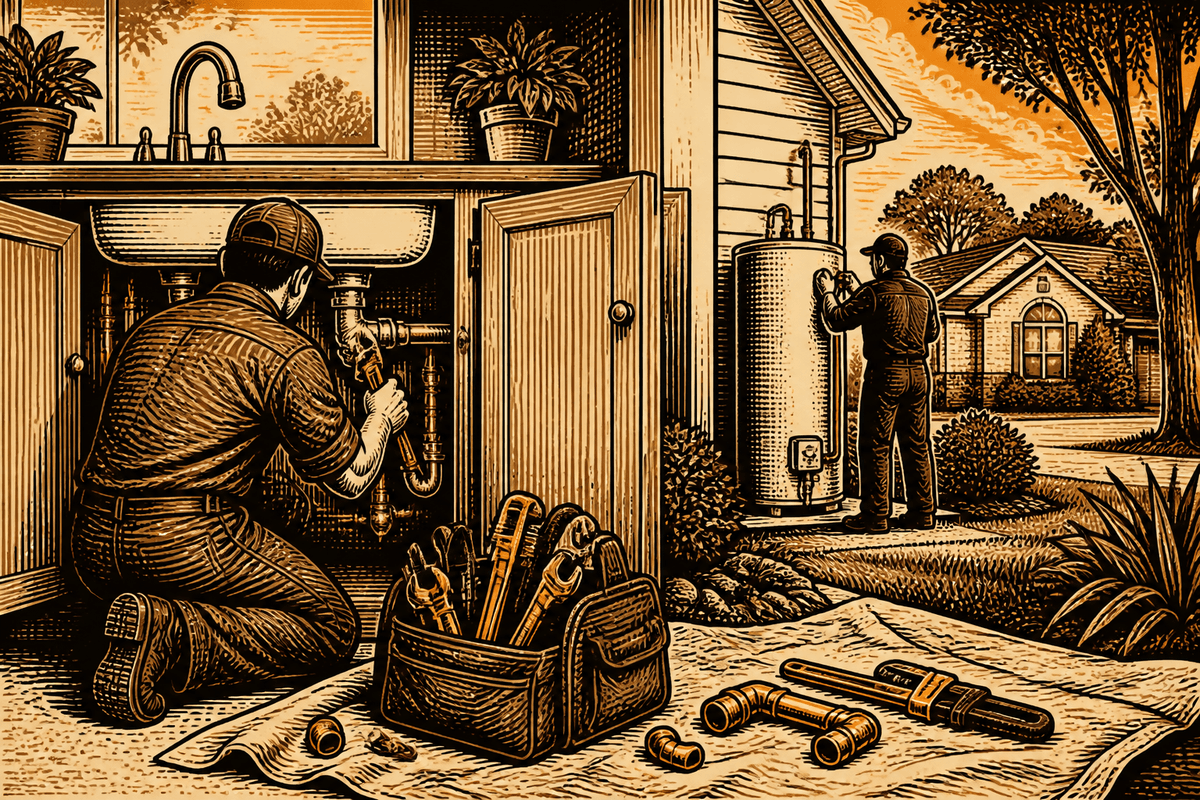 Plumbing Contractor Marketing in Conroe, TX: retro comicbook plumbing contractor marketing illustration