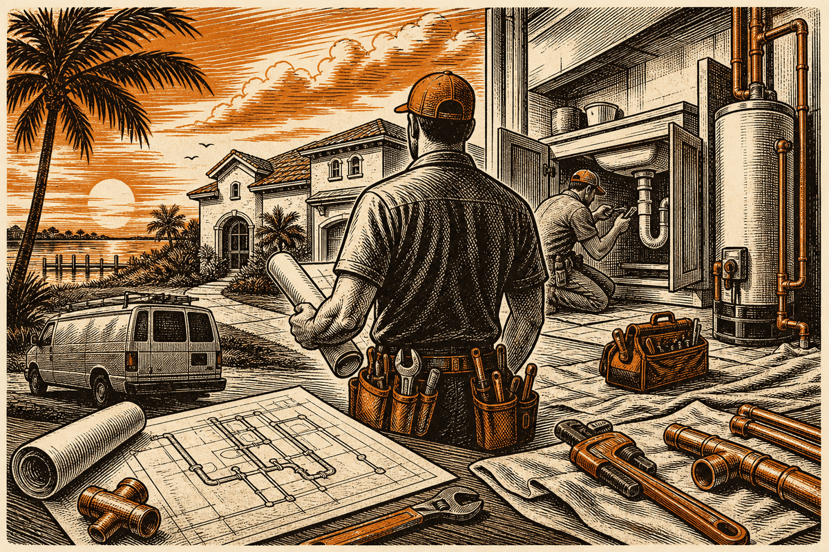 Digital Marketing for Plumbing Contractors in Melbourne, FL: retro comicbook plumbing contractor marketing illustration