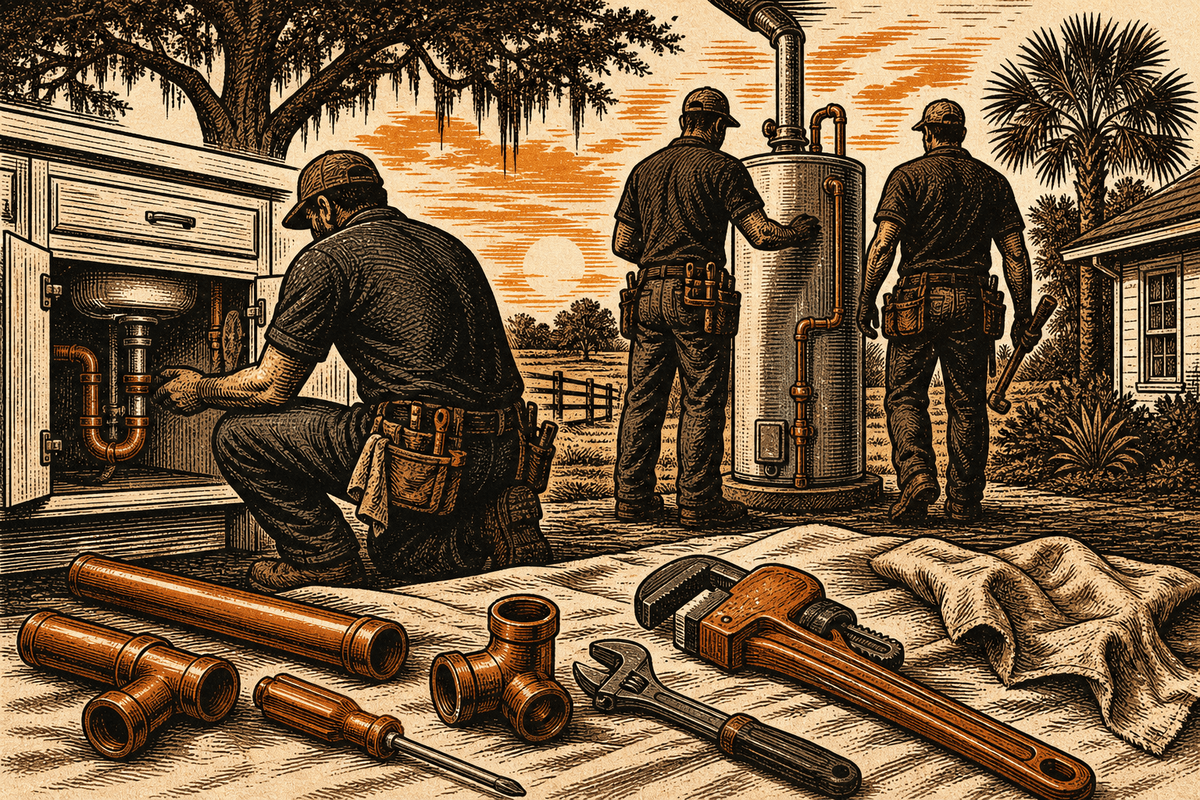 Plumbing Contractor Marketing in Ocala, FL: retro comicbook plumbing contractor marketing illustration
