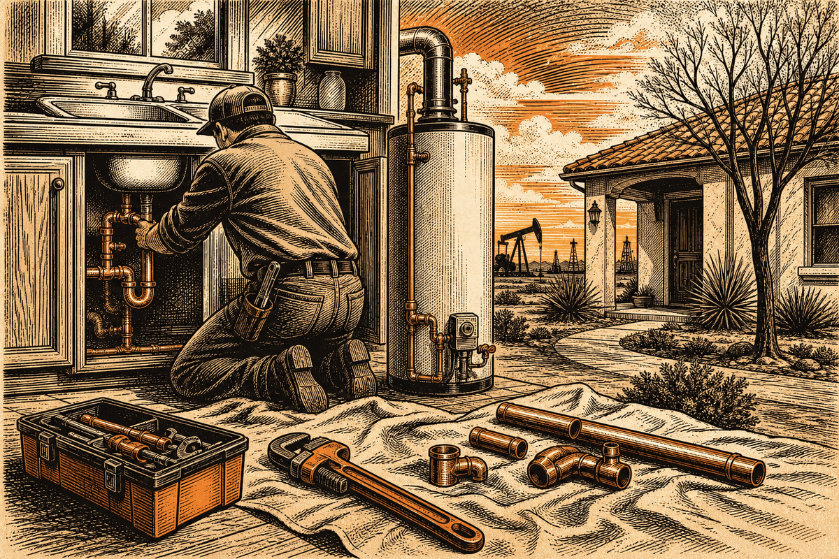 Plumbing Contractor Marketing in Odessa, TX: retro comicbook plumbing contractor marketing illustration