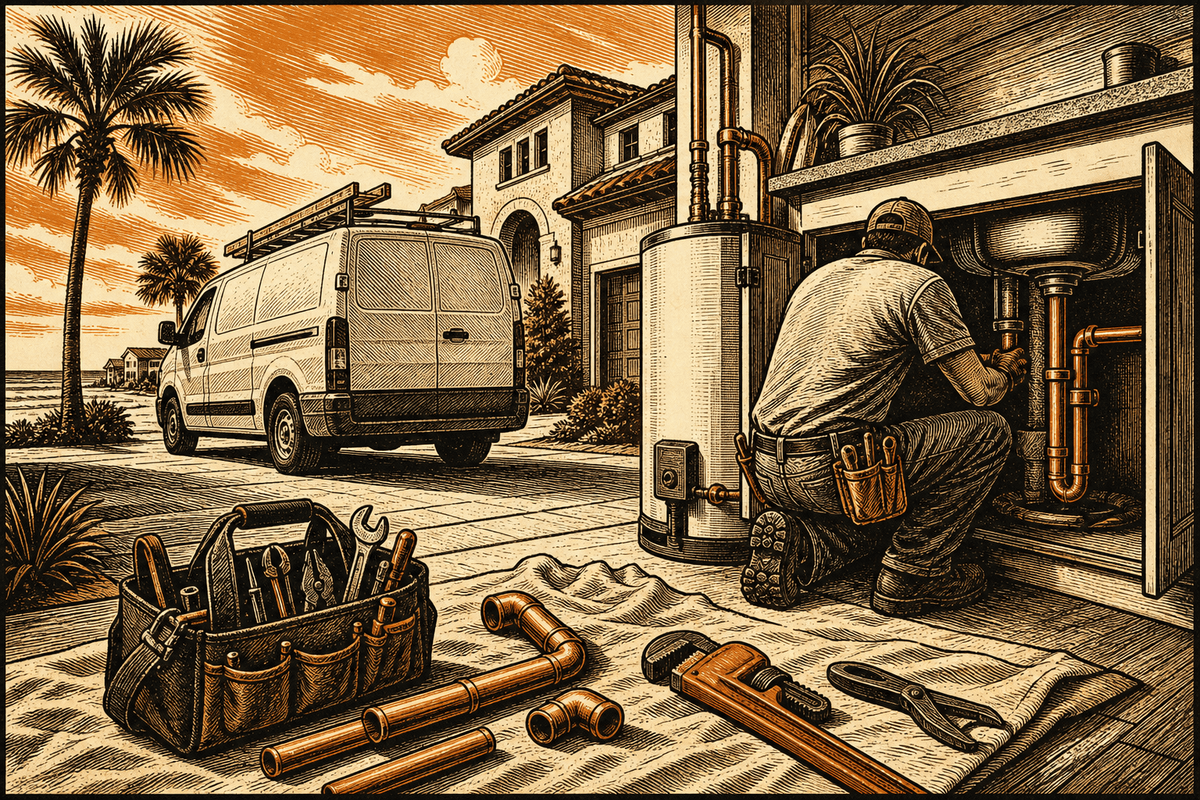 Plumbing Contractor Marketing in Panama City Beach, FL: retro comicbook plumbing contractor marketing illustration