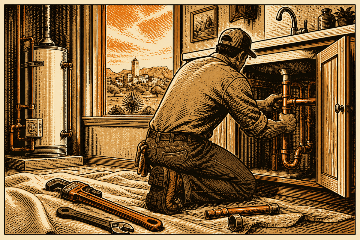 Plumbing Contractor Marketing in San Angelo, TX: retro comicbook plumbing contractor marketing illustration
