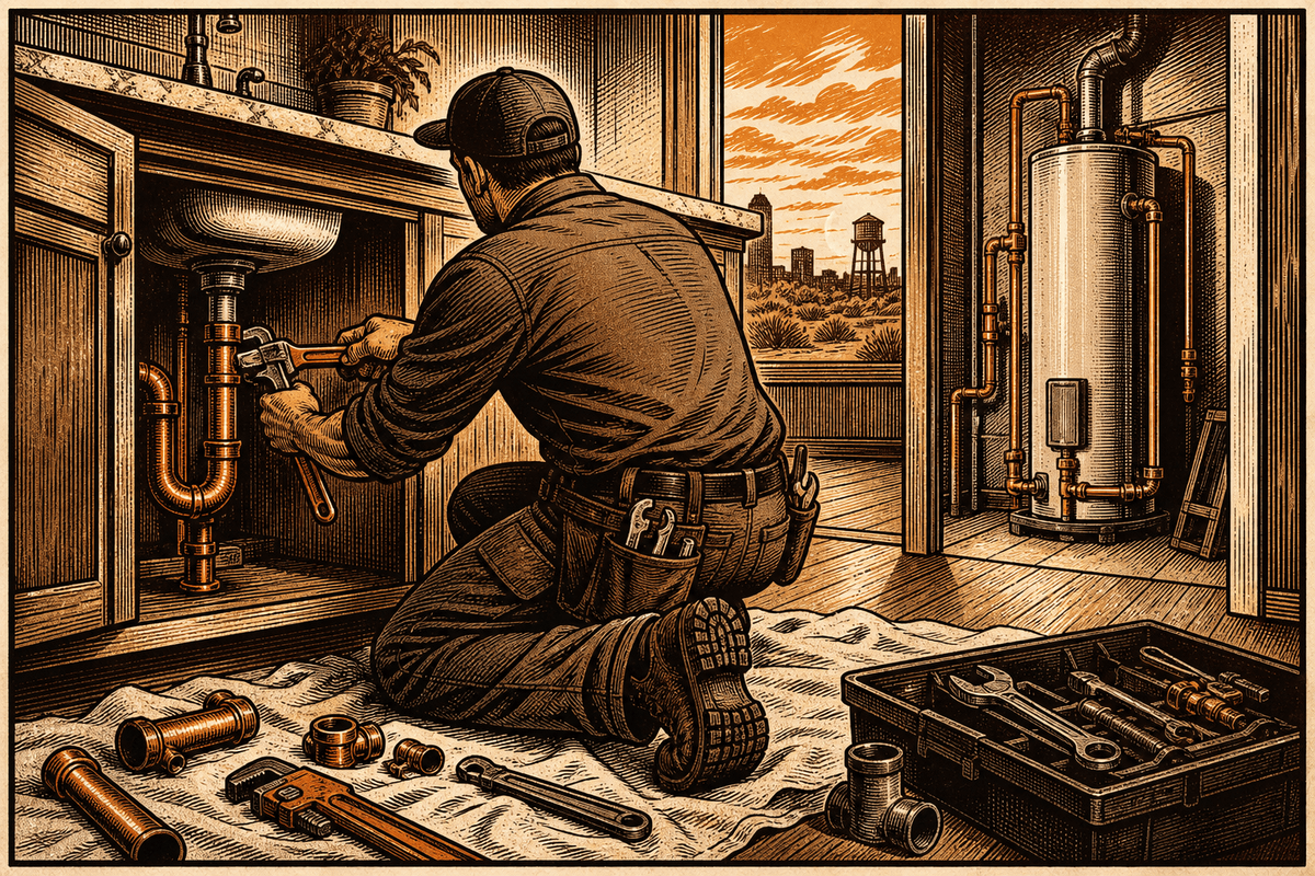 Plumbing Contractor Marketing in Wichita Falls, TX: retro comicbook plumbing contractor marketing illustration