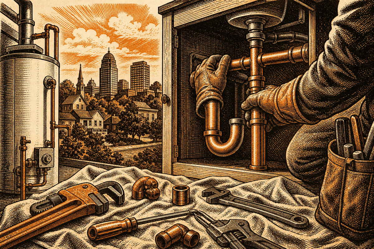 Plumbing Contractor Marketing in Winston-Salem, NC: retro comicbook plumbing contractor marketing illustration
