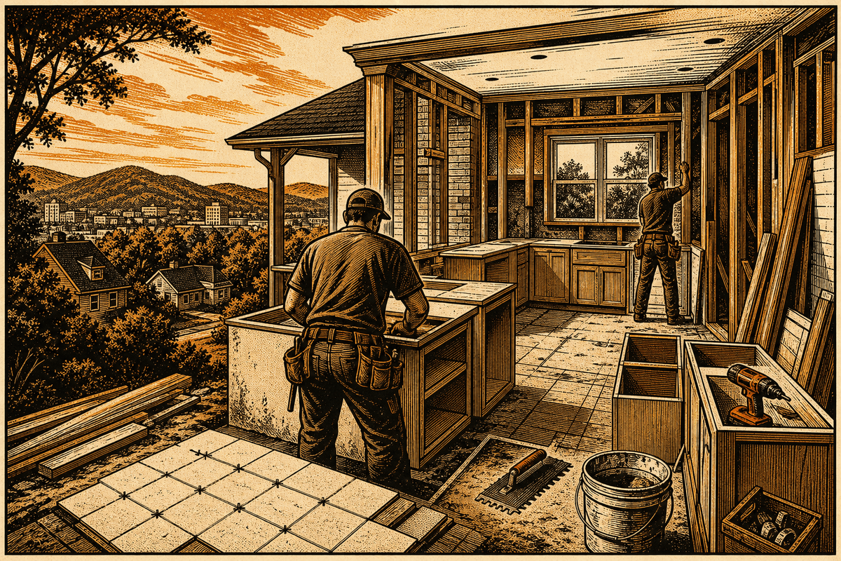 Remodeling Business Website in Bristol, TN: retro comicbook remodeling contractor marketing illustration