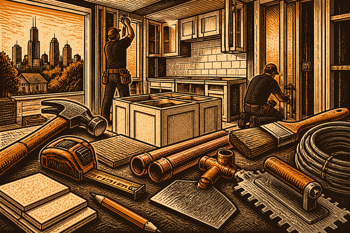 Remodeling Business Website in Charlotte, NC: retro comicbook remodeling contractor marketing illustration