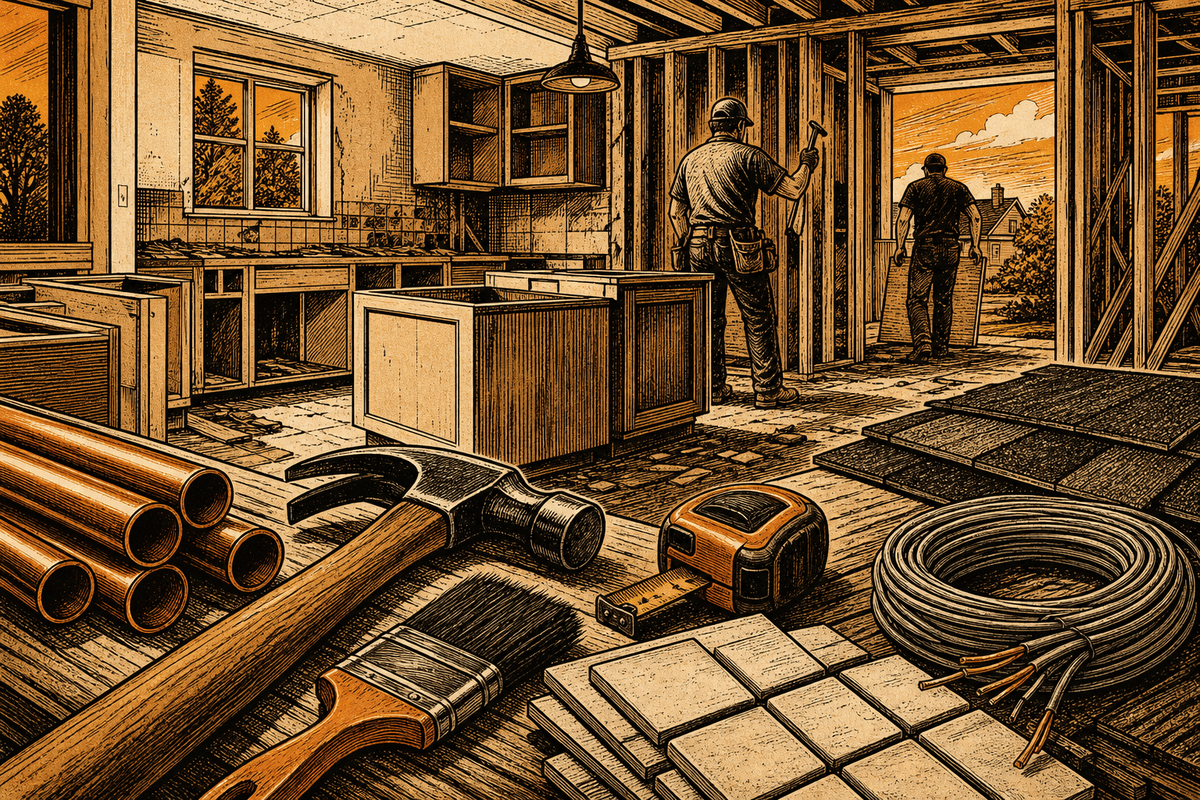 Remodeling Business Website in Clarksville, TN: retro comicbook remodeling contractor marketing illustration