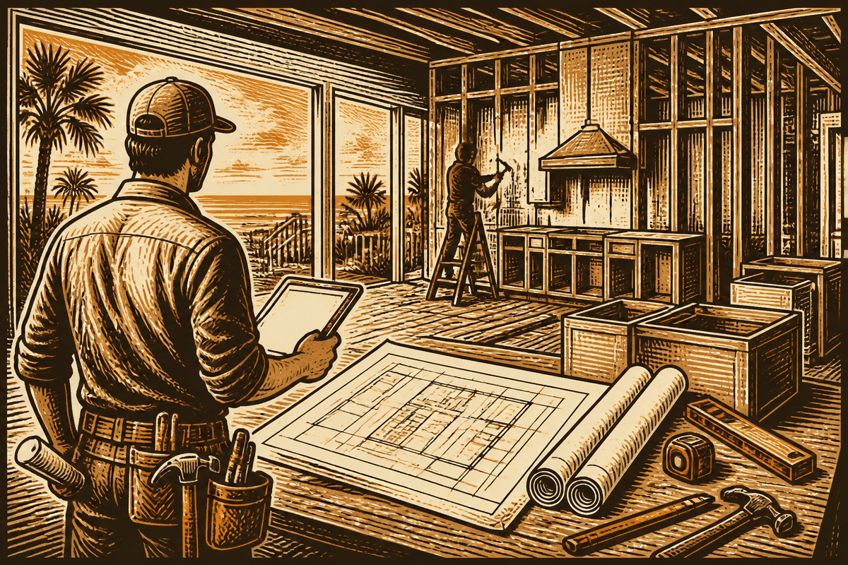 Remodeling Business Website in Destin, FL: retro comicbook remodeling contractor marketing illustration