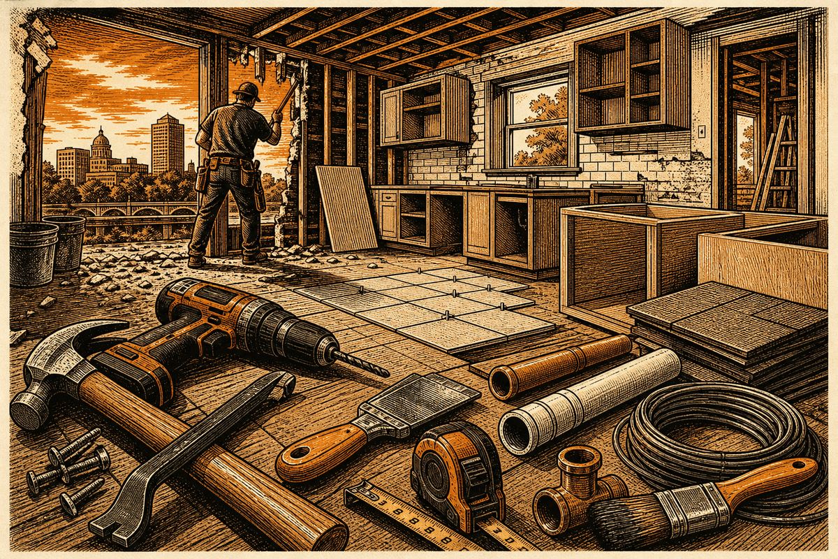 Remodeling Business Website in Fort Wayne, IN: retro comicbook remodeling contractor marketing illustration