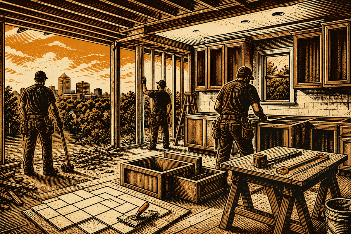 Remodeling Business Website in Greensboro, NC: retro comicbook remodeling contractor marketing illustration