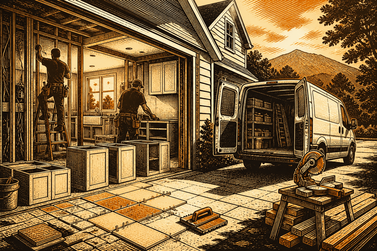Remodeling Business Website in Hendersonville, NC: retro comicbook remodeling contractor marketing illustration