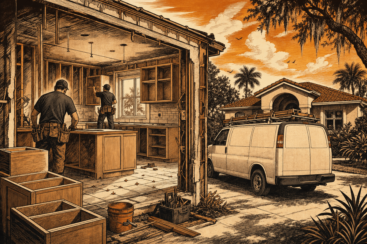 Remodeling Business Website in Ocala, FL: retro comicbook remodeling contractor marketing illustration