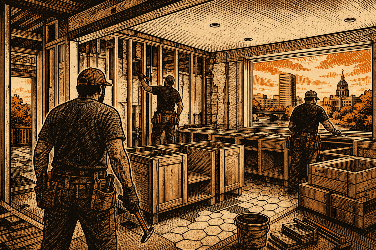 Remodeling Business Website in South Bend, IN: retro comicbook remodeling contractor marketing illustration
