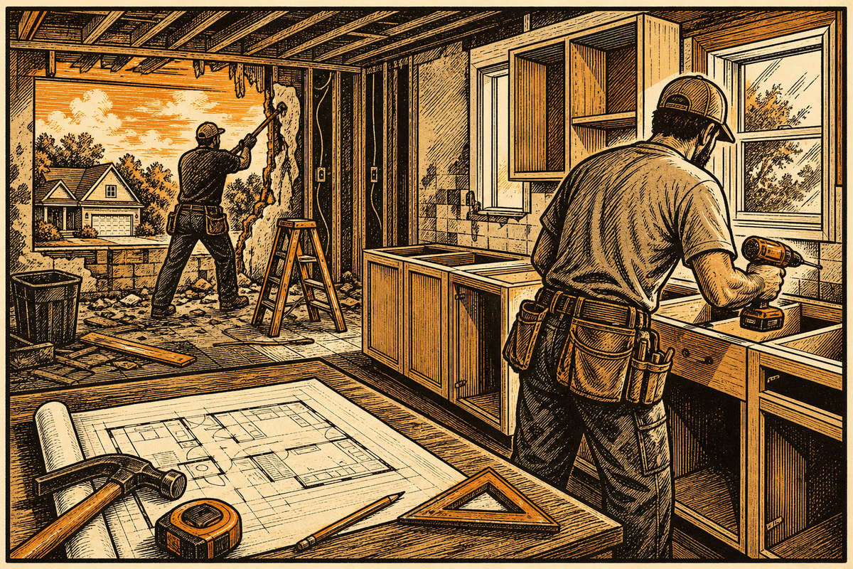 Digital Marketing for Remodeling Contractors in Alabaster, AL: retro comicbook remodeling contractor marketing illustration