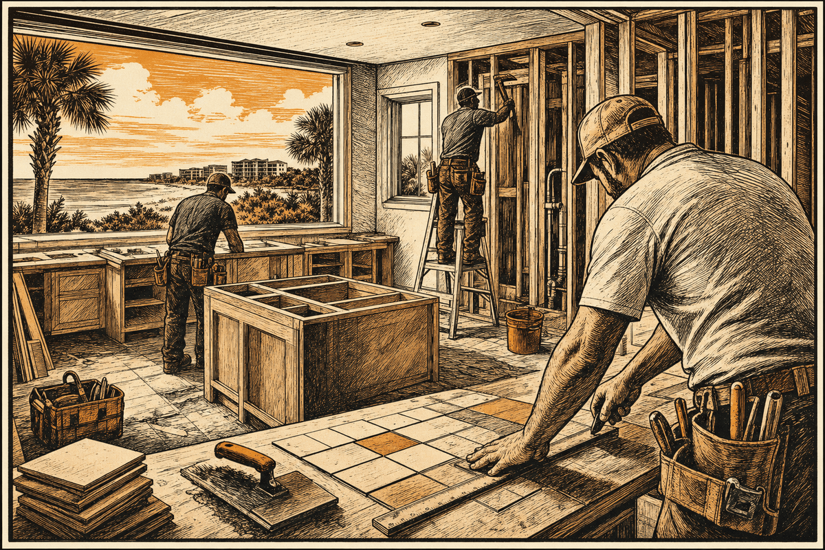 Digital Marketing for Remodeling Contractors in Destin, FL: retro comicbook remodeling contractor marketing illustration