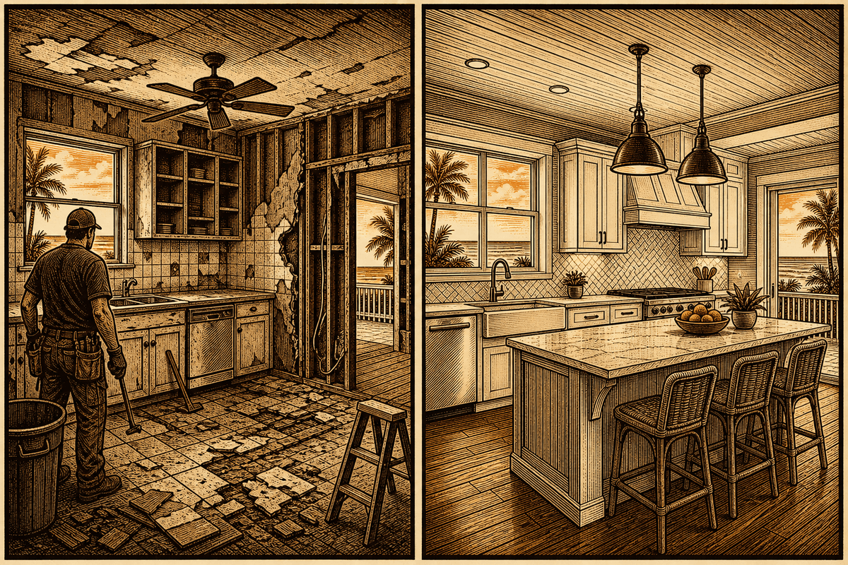 Remodeling Contractor Marketing in Panama City Beach, FL: retro comicbook remodeling contractor marketing illustration