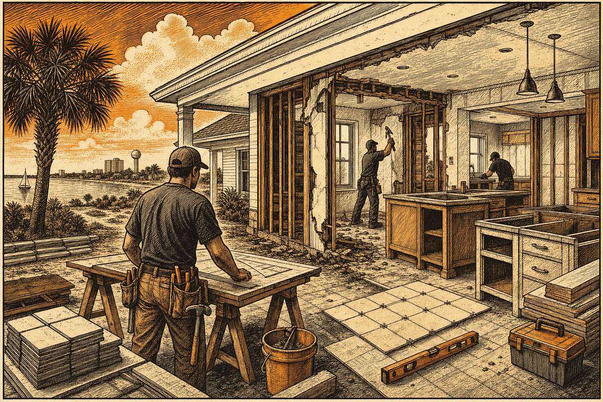 Remodeling Contractor Marketing in Pensacola, FL: retro comicbook remodeling contractor marketing illustration