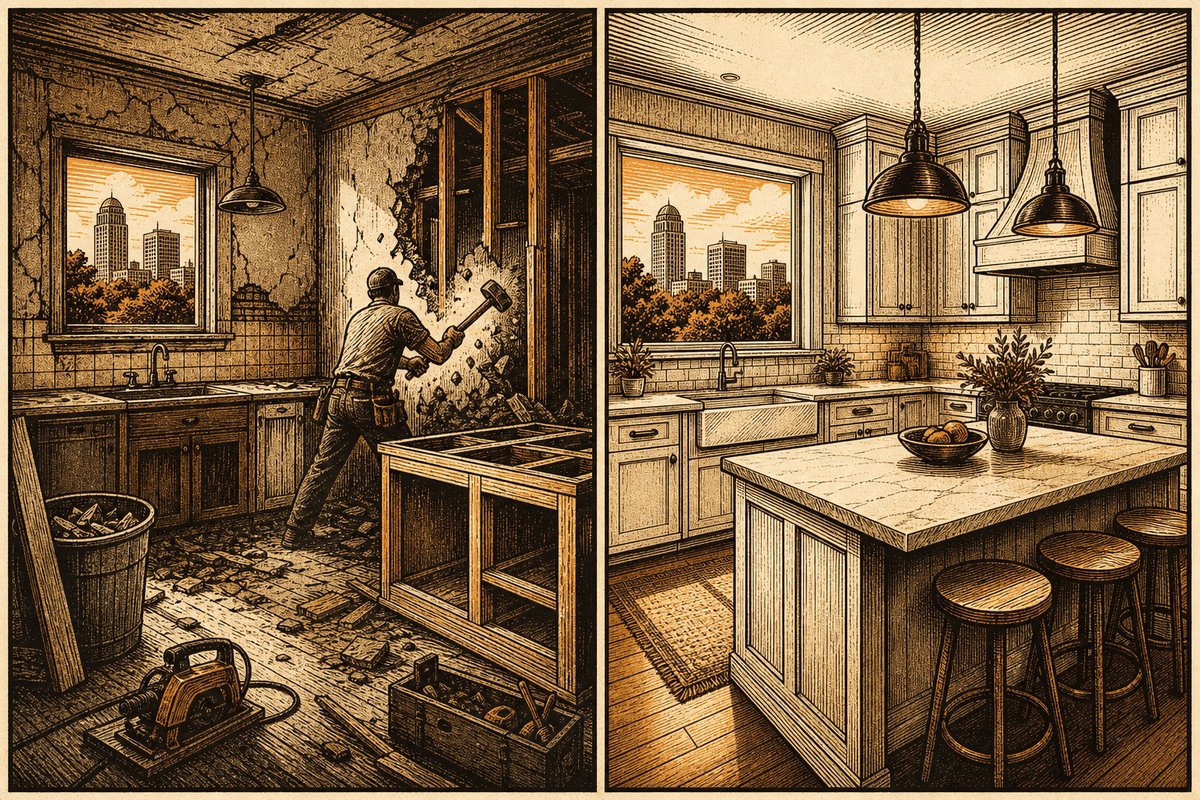 Remodeling Contractor Marketing in Winston-Salem, NC: retro comicbook remodeling contractor marketing illustration