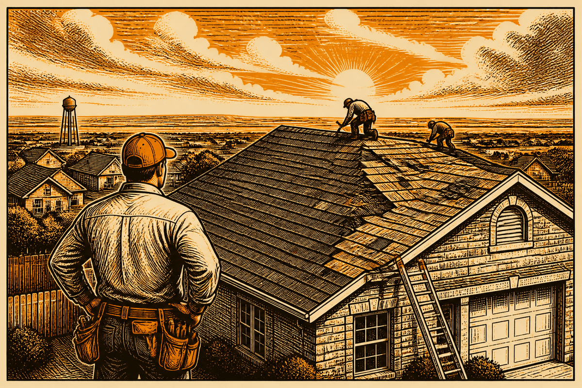 Roofing Business Website in Amarillo, TX: retro comicbook roofing contractor marketing illustration