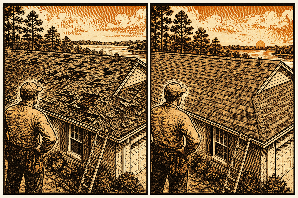 Roofing Business Website in Conroe, TX: retro comicbook roofing contractor marketing illustration