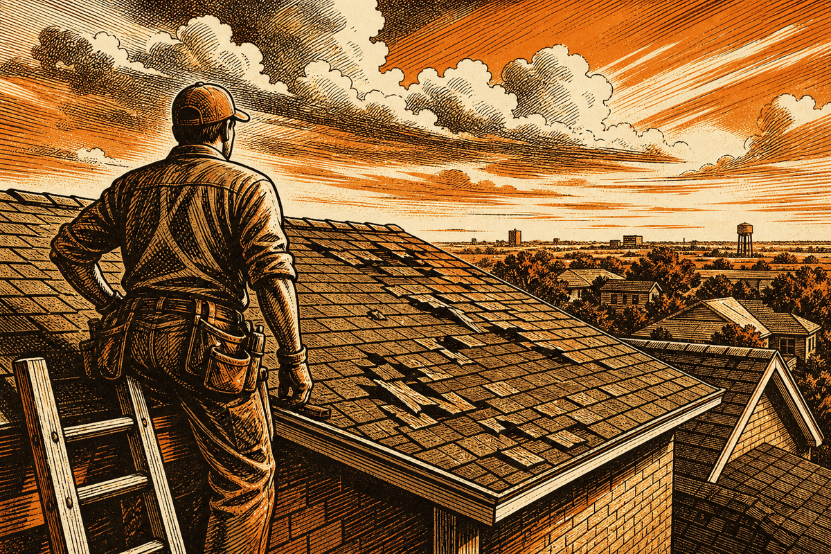 Roofing Business Website in Lubbock, TX: retro comicbook roofing contractor marketing illustration