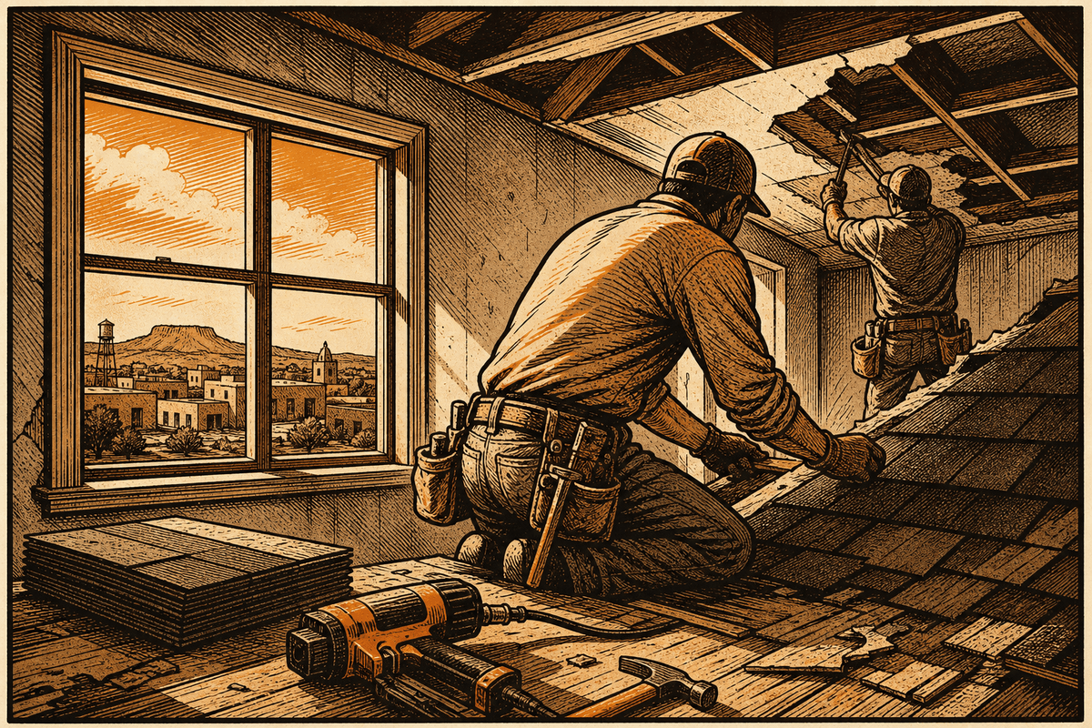 Roofing Business Website in San Angelo, TX: retro comicbook roofing contractor marketing illustration