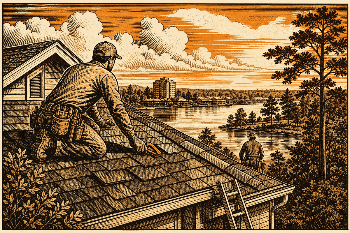 Roofing Contractor Marketing in Conroe, TX: retro comicbook roofing contractor marketing illustration