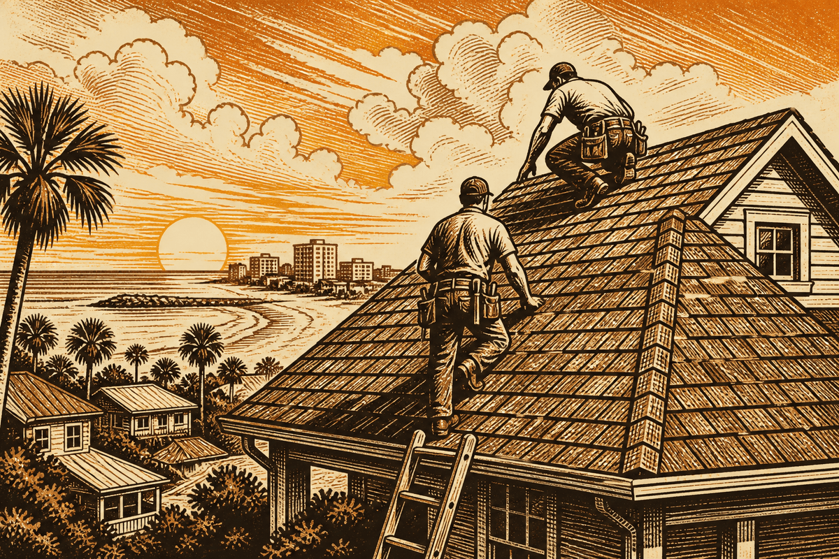 Roofing Contractor Marketing in Destin, FL: retro comicbook roofing contractor marketing illustration