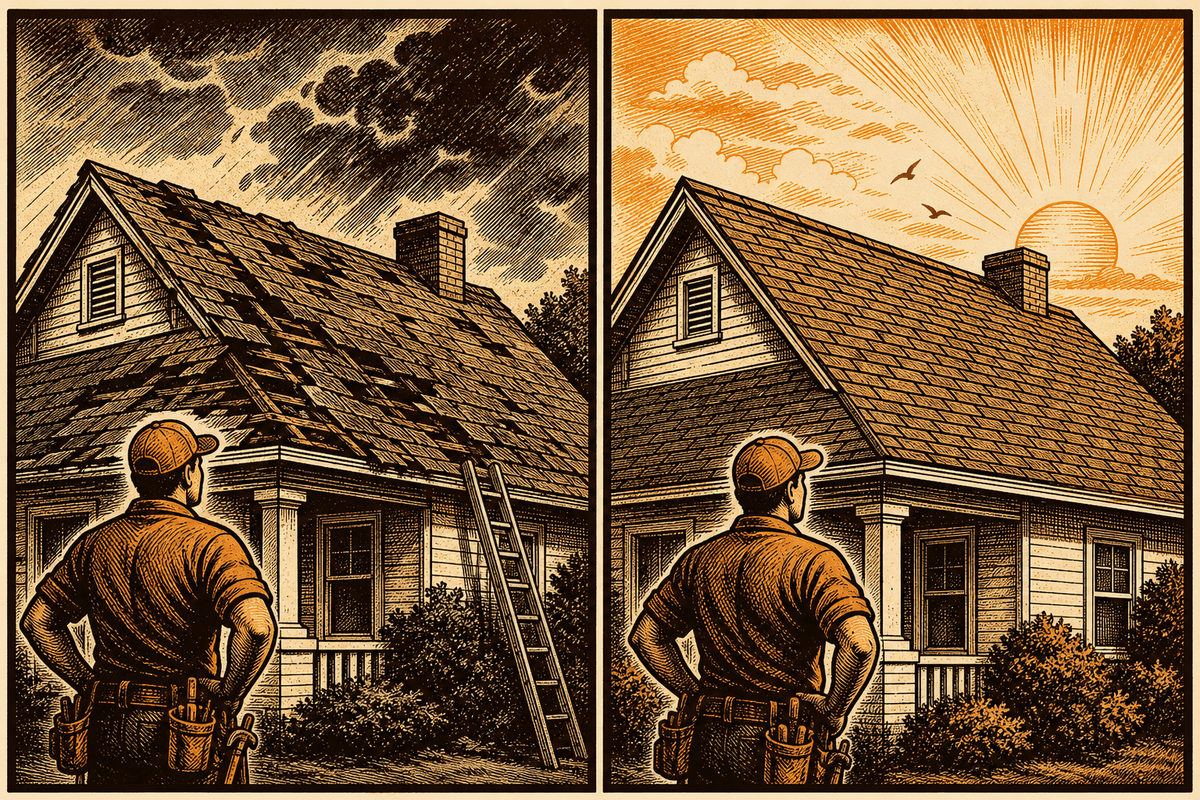 Roofing Contractor Marketing in Enid, OK: retro comicbook roofing contractor marketing illustration