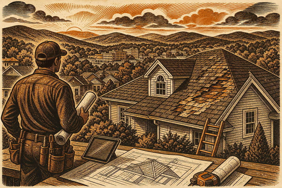 Roofing Contractor Marketing in Johnson City, TN: retro comicbook roofing contractor marketing illustration