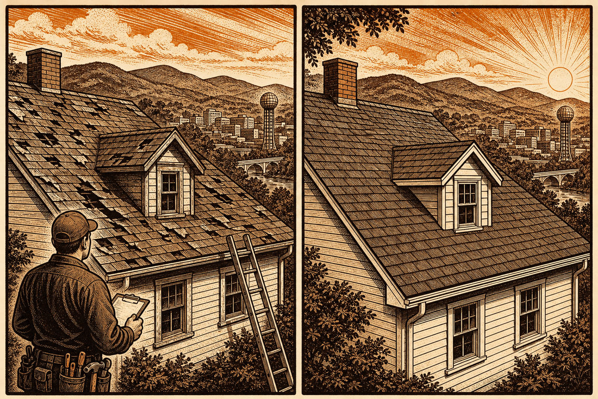 Roofing Contractor Marketing in Knoxville, TN: retro comicbook roofing contractor marketing illustration