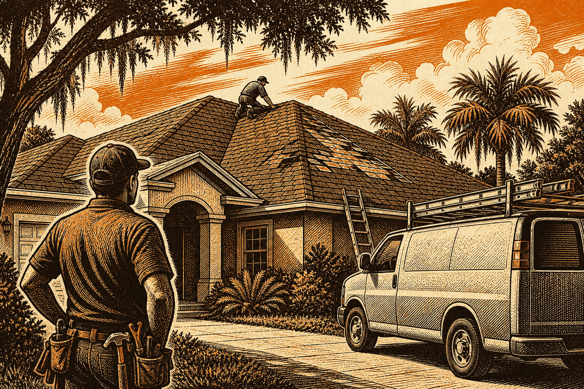 Roofing Contractor Marketing in Ocala, FL: retro comicbook roofing contractor marketing illustration