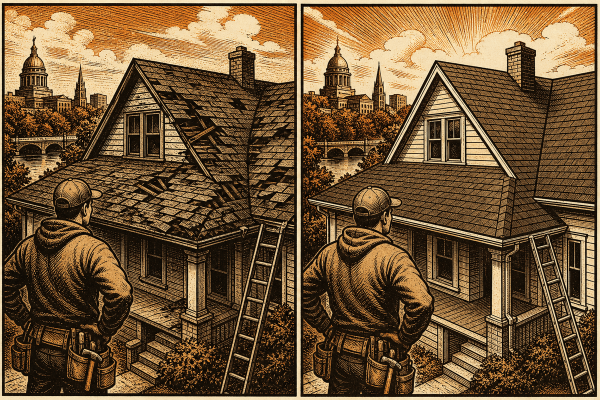 Roofing Contractor Marketing in South Bend, IN: retro comicbook roofing contractor marketing illustration