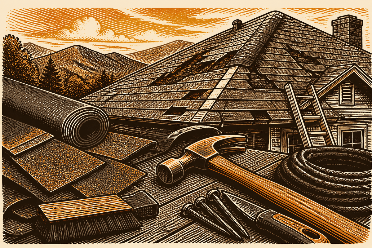 Roofing Contractor Marketing in Waynesville, NC: retro comicbook roofing contractor marketing illustration