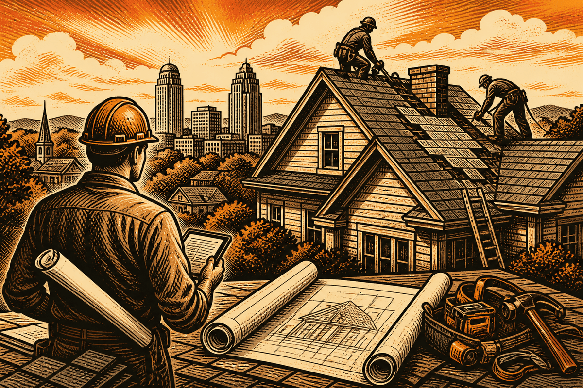 Roofing Contractor Marketing in Winston-Salem, NC: retro comicbook roofing contractor marketing illustration