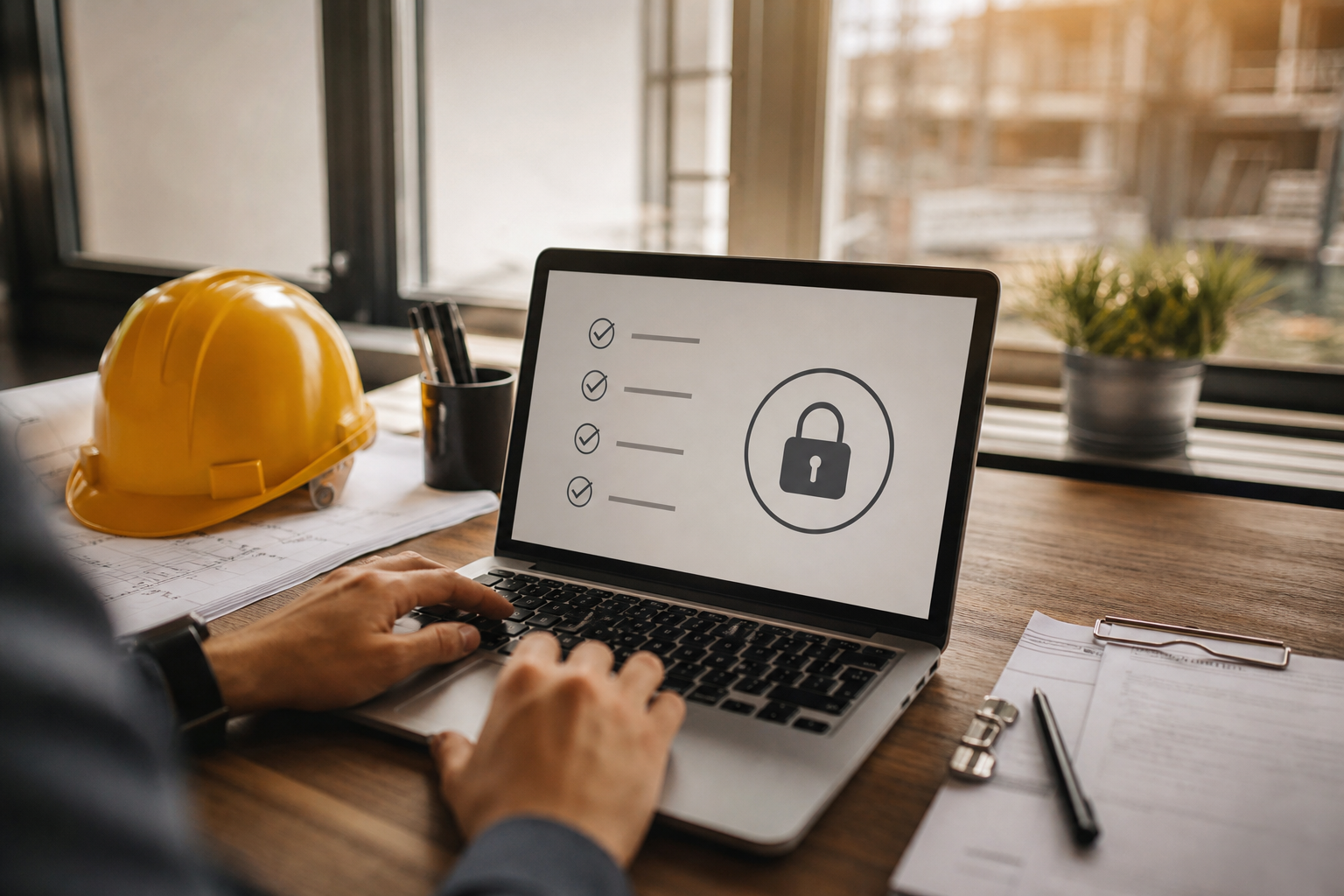 Contractor desk with laptop showing a security checklist beside a hard hat and clipboard