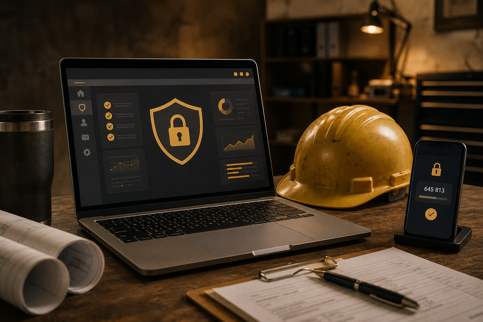 Small business desk with laptop showing shield and lock icons, hard hat, and phone with two-factor authentication