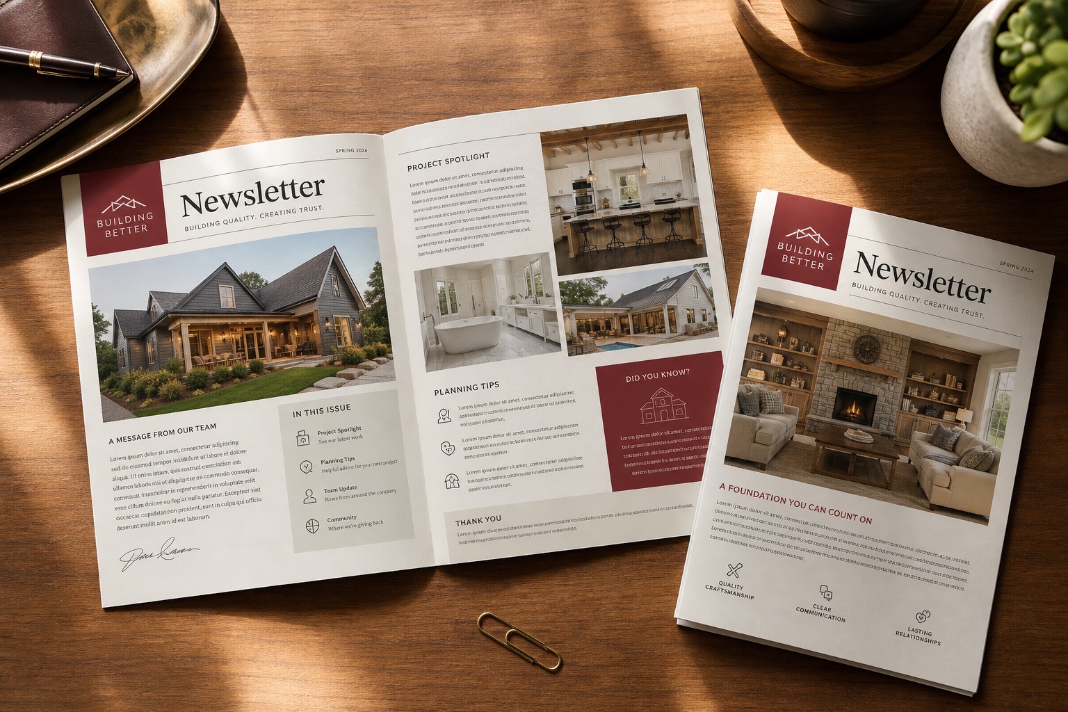 Printed business newsletter on a desk