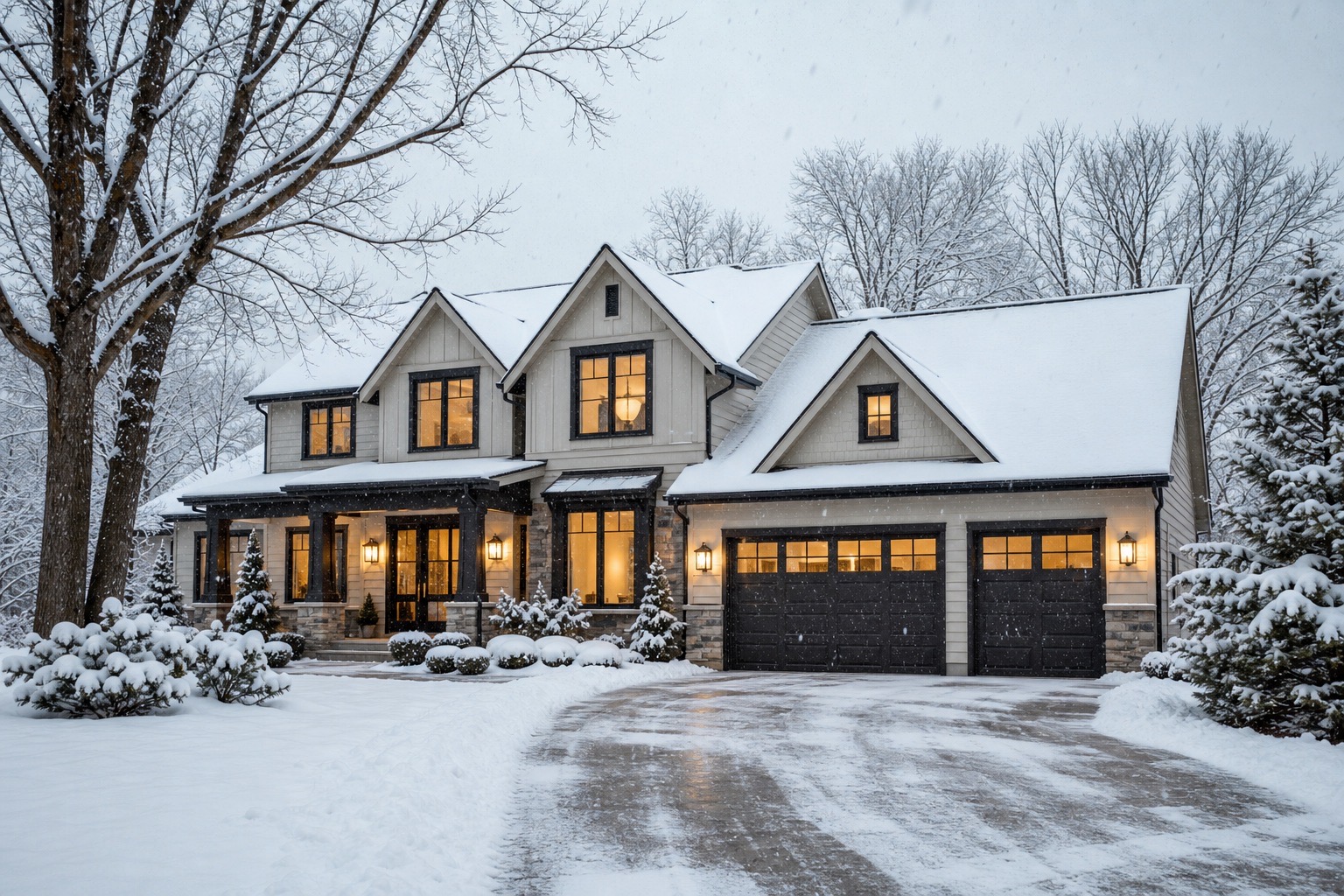 Inviting two-story home in winter with snow on the roof and yard and warm light in the windows