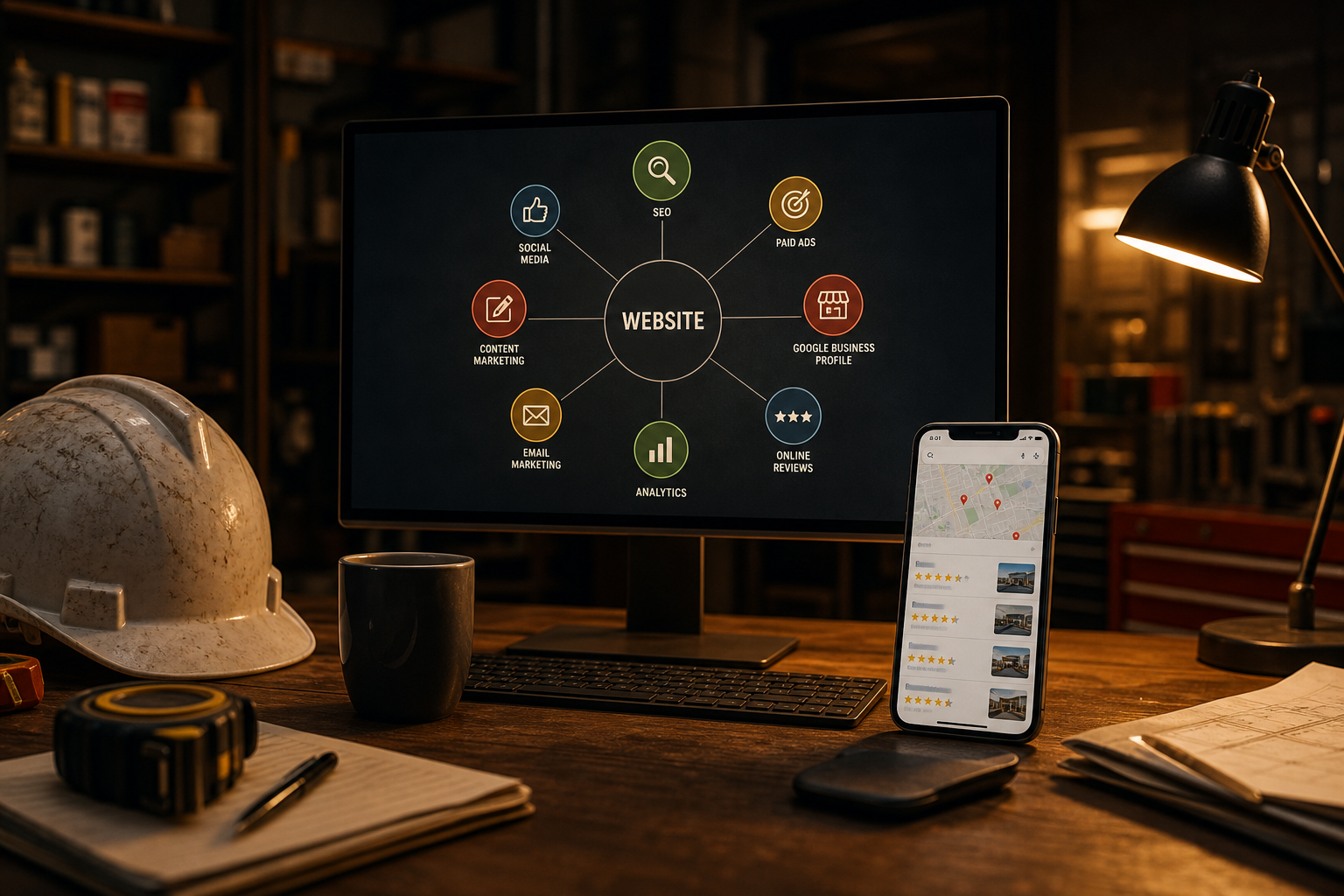 Contractor desk with website hub marketing matrix on screen and Google reviews on phone